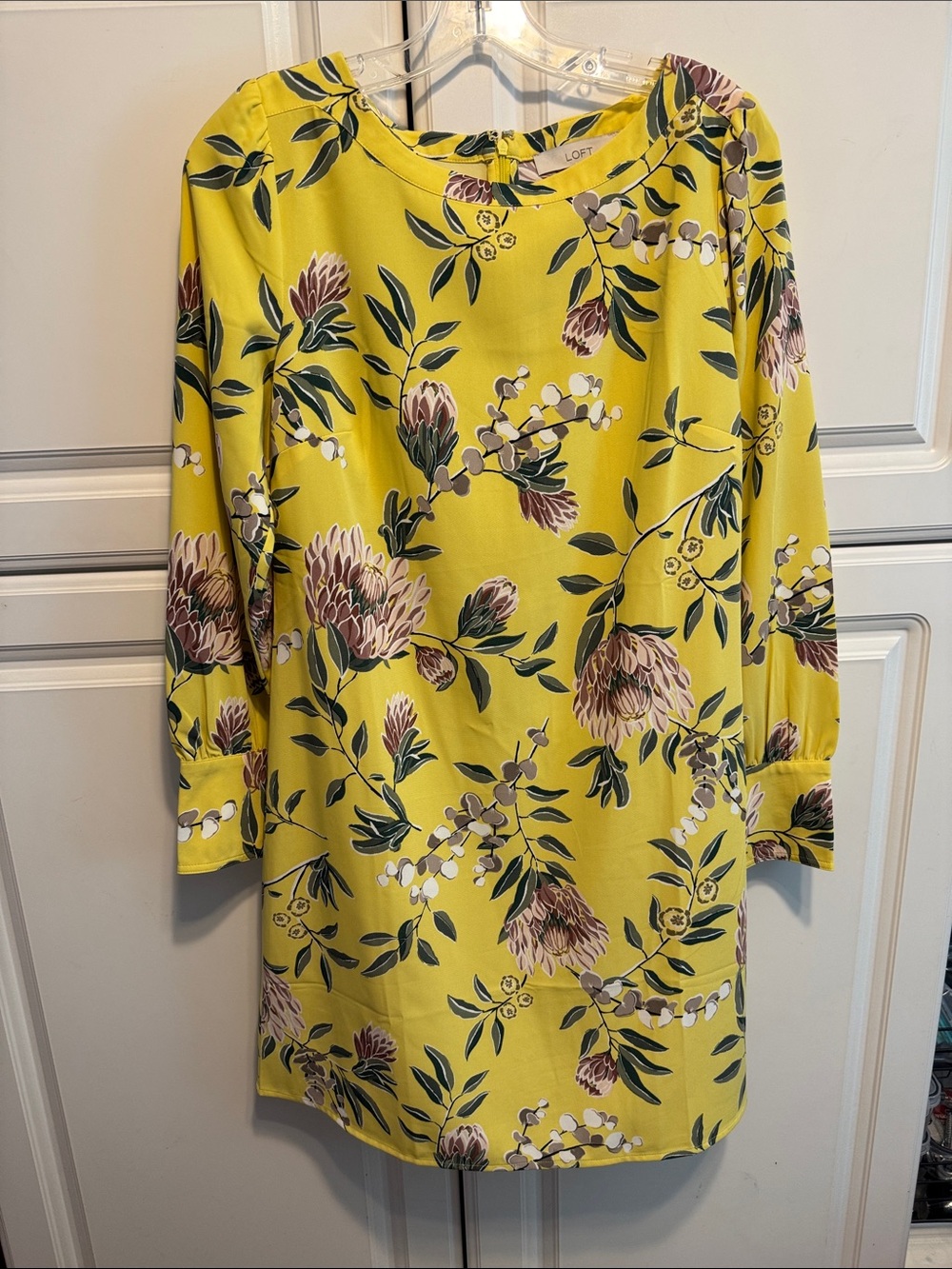 LOFT Yellow Floral Shift Dress with Pink and Green Bouquet Print